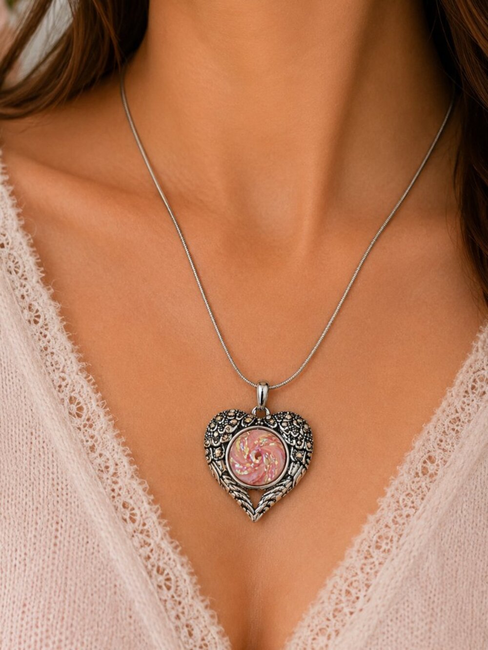 Silver Angel Wing Heart Snap Necklace Pink Swirl Resin Interchangeable Charm